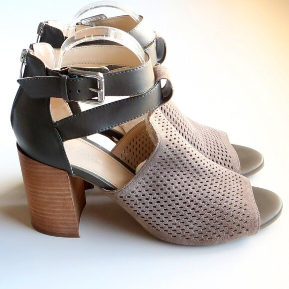 Marc Fisher Taupe Laser-cut Suede Leather Peep Toe Block Heel Ankle Strap Sandal - Picture 2 of 16